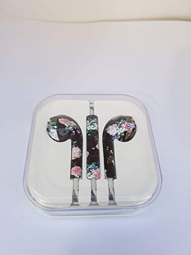 A.V. Cuffie con filo Auricolari per stereo vari colori per cellulari con microfono volume regolabile controller da 3,5mm e isolamento acustico con telefono computer pc tv ipad mp3 (Nero con Fiori)
