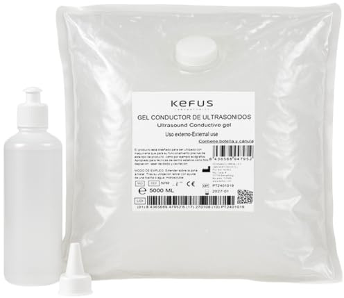KEFUS Gel Conductor Ultrasonidos Bolsa 5000 ml + Botella Rellenable 250 ml | Gel Sanitario para Ecografía, Cavitación, Electroestimulación, IPL y Láser | Alta Conductividad | Uso Profesional