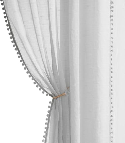 Treatmentex Grey Pom Pom Linen Sheer Curtains 52 x 54 Inch Drop, 2 Panels | Light Filtering Window Drapes, Airy Boho Linen Texture Voile Curtains for Laundry Room, Living Room Bedroom, Pencil Pleat