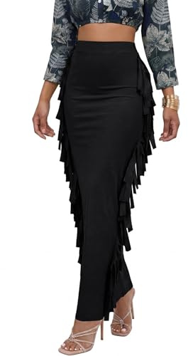 LYANER Women's Fringed Side Tassels Elastic Waist Slim Bodycon Pencil Maxi Skirts Black Large