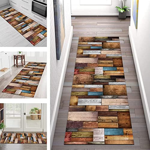 Korridor Teppich Flur Läufer 60X300CM Teppichmatten Teppich Läufer Flur rutschfest Braun Holzmaserung, Küchenteppich Waschbar Meterware Teppichläufer Lang for Corridor Schlafzimmer Wohnzimmer