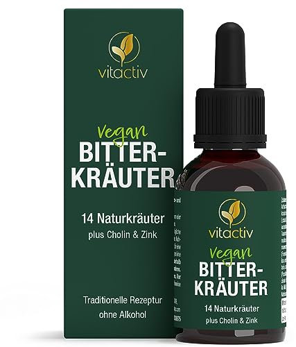 VITACTIV Bitterkräuter - Bittertropfen ohne Alkohol - Erlesene Kräuter plus Cholin & Zink - Bitterstoffe Tropfen nach Hildegard von Bingen - Ohne Künstliche Zusätze, Zuckerfrei, Vegan - 50ml