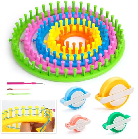 LOVEINUSA 12PCS Knitting Loom and Pompom Maker Set, Round Pom Pom Makers Hook Needles Knitting Crochet Kit for Hat Scarf Shawl Sweater Socks