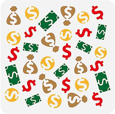 FINGERINSPIRE Geldzeichen Malschablone 30x30 cm Ausgehöhlte Münzen Schablone Banknoten Geldtaschen Zeichenvorlage Große Geldsymbole Tägliches Thema Schablone Für Zuhause Wand Boden