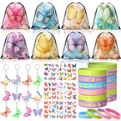 vamei Schmetterling Mitgebsel Kindergeburtstag Party Mitgebsel Mädchen mit Silikonarmband Schmetterling Party Kordelzug Taschen Tätowierungen für Give Aways Kindergeburtstag Mädchen