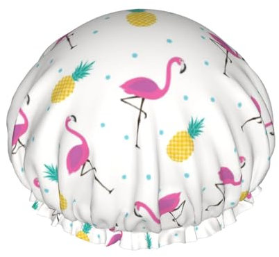 Flamingo und Ananas Duschhaube für Frauen, Duschkappen für langes Haar, wasserdichter Duschhut, geeignet für Hotelbad, Familienbad, Reisen, Urlaub, wiederverwendbare Duschhaube.