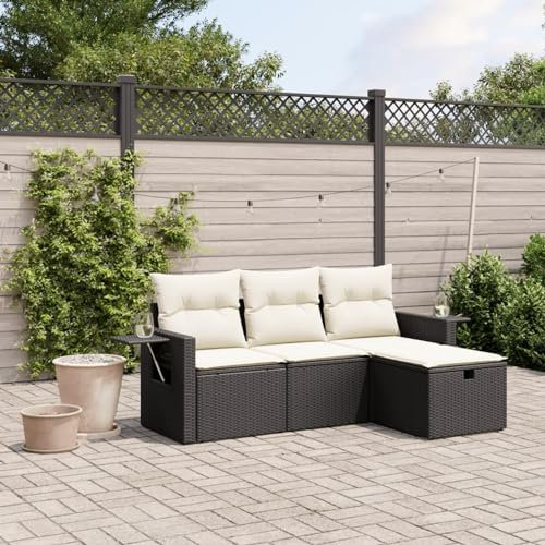 SECOLI Balkon Lounge Balkonmöbel Keiner Sofa Outdoor Gartensofa 3-Sitzer Gartenmöbel-Set Ecksofa Garten Balkonlounge Rattan Polyrattan Lounge Gartenlounge Terrassenmöbel Schwarz 4-tlg-Type-39