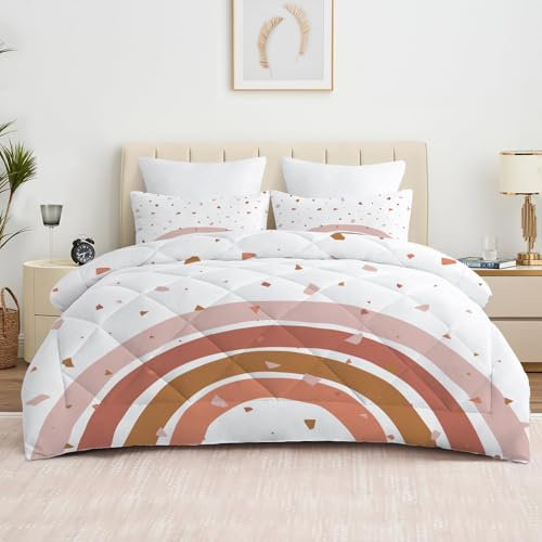 Couette 140x200 Enfant 4 Saisons, Arc-En-Ciel Imprimée, Terre Cuite avec 2 Taies D'oreiller pour Lit 90x190, Reversible sans Housse Lavable
