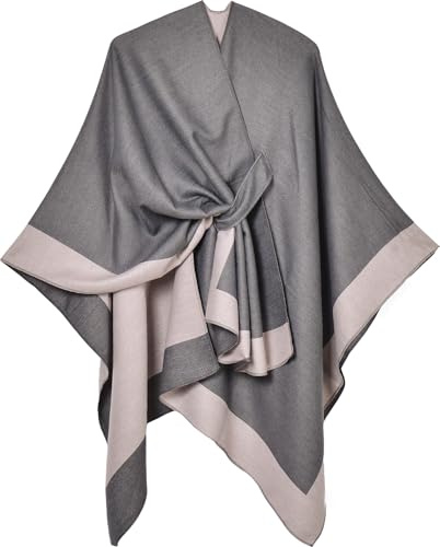 Shmily Girl Poncho Femme Tricot Cape Réversible Couverture Elégante Epaule Chaude Echarpe Tricotée Manteau pour Printemps Automne (Gris & Rose)