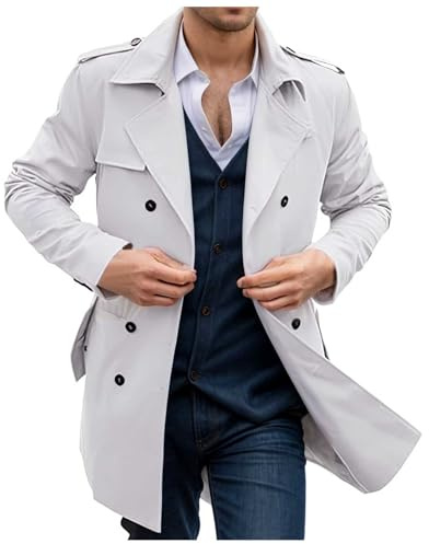 Foweknow - Cappotto da uomo classico, doppiopetto, windbreaker, lunghezza media, casual, vintage, streetwear, primavera, autunno, revers, solido, moda, business, giacca da lavoro, comodo, soprabito