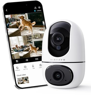 VIRTAVO XD1 Indoor Security WiFi Camera, No Subscription Required, Dual-Lens 360° PTZ Baby Monitor & Pet Cam, Motion Tracking, 2-Way Audio, Night Vision,Optional Cloud/SD Storage, Phone App, Wired