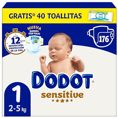 Dodot Sensitive Babywindeln, Größe 1 (2-5 kg), 174 Windeln + 1 Packung mit 40 kostenlosen Aqua-Plastiktüchern, Nr. 1 für Dodot Hautschutz, Monatspack