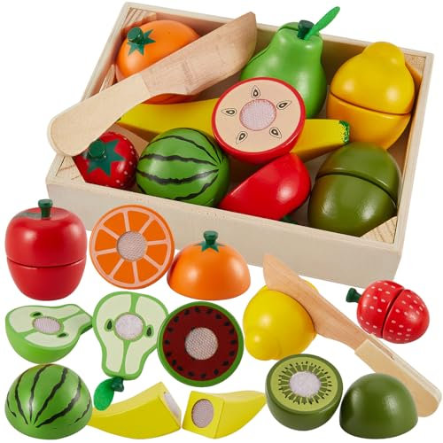 LINFUN KIDS Holz Obst zum Schneiden Lebensmittel Spielzeug Set mit Klett, Kinderküche Spielküche Zubehör Rollenspiele Lernspielzeug Pädagogisches Geschenk für Kinder ab 3 4 5 Jahren