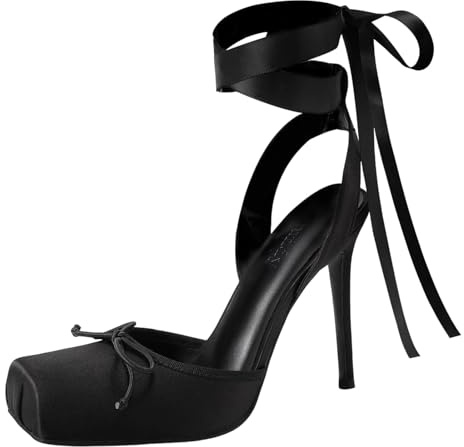 Vertundy Women's Satin Ballet Heels Lace Up Square Toe Stiletto High Bow Ballerina Heels, Black, 6 UK