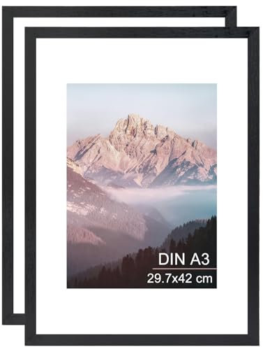OMISHE 2er Pack Massivholz Bilderrahmen A3 29,7x42 cm, Schwarzer Bilderrahmen DIN A3 mit A4 Passepartout und Plastikhülle, Holz A3 Bilderrahmen für Wand, Rahmen DIN A3,Schwarz, 2er Pack
