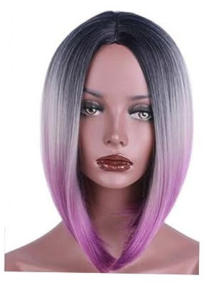 FRCOLOR Perücke Bob Farbverlauf Damen Aus Synthetischem Haar Kurz Glatt Mit Spitzen Hitzebeständig Für Alltag Parties Kostümpartys Halloween Cosplay Schwarz-violett Farbverlauf