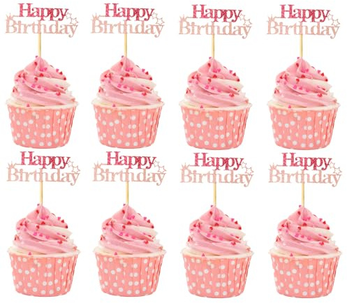 Maxqzin 24Pcs Happy Birthday Cupcake Toppers, Glitter Birthday Cupcake Toppers Picks Pink Cupcake Toppers Birthday Girl for Celebrating Baby Shower Theme Party Cake Decorations Supplies