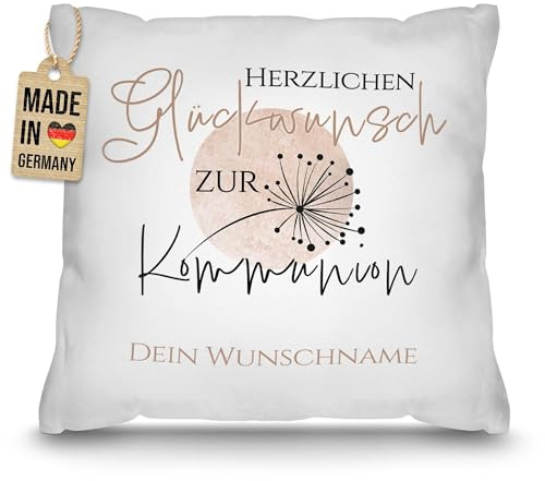 Print Royal PR Kissen zur Kommunion mit Name selbst gestalten - Herzlichen Glückwunsch - Pusteblume - Personalisierte Kommunionsgeschenke, inkl. Füllung, 40 x 40 cm, Weiß