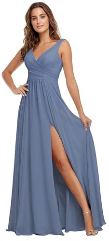 Generic - Abito da damigella d'onore con scollo a V, in chiffon, lungo, a linea A, senza maniche, con spacco, da sera, da matrimonio, da festa formale per donne, Blu polvere., 42