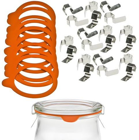 mikken Einmacht-Set 10 Weckringe 74x86 mm Gummiringe für Weckgläser 8 cm und 20 Metallklammern