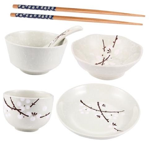 ULTECHNOVO Japanese Style Ceramic Tableware Set for One Person 6pcs Household Dinnerware Kit Bowl, Plate, Saucer, Cup, Spoon and Chopsticks in Blue for Everyday Dining