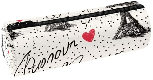 VAPOKF Trousse à crayons en cuir avec motif de tour de Paris et cœurs - Pour ranger des stylos, des pièces de monnaie, des cosmétiques, des cosmétiques, des fournitures de bureau, des élèves