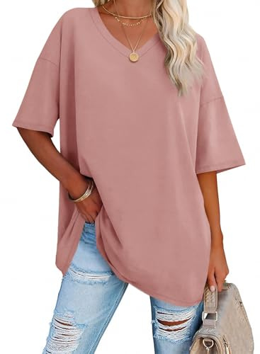 Ebifin Dam oversize t-shirt med V-ringning kortärmad avslappnad lös bas sommar t-shirts skjortor blus., 01-rosa, XXL