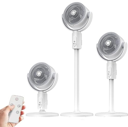 20dB Quiet Smart Pedestal Fans,8H Timer with Remoter, Auto 180°+90° Oscillating Standing Fan, 4000mAh Rechargeable Battery USB Powered Floor Fan,5 Speeds, Adjustable Height, Standing Fan (White)
