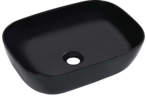 Lavabo de Cerámica Negro, Diseño Rectangular Moderno para Baño, Aseo o Tocador, Fácil de Limpiar, Acabado Brillante, Montaje sobre Encimera, 45.5x32x13 cm