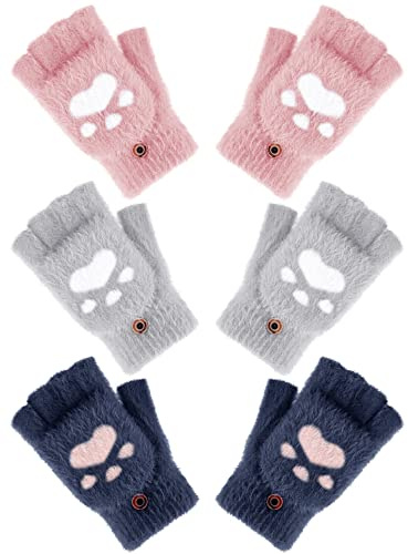 Bencailor 3 Pair Kids Fingerless Winter Gloves Convertible Flip Top Gloves Cat Paw Mitten for Girl Toddler Youth Teenagers(Light Gray, Pink, Navy Blue,1-5 Years,Paw Style)