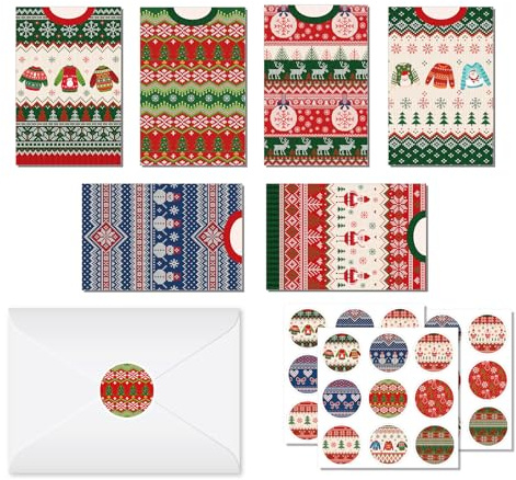 Weihnachtskarten in Box – Hässliche Pullover-Grußkarten mit Umschlägen und Aufklebern, Ugly Sweater Blanko-Notizkarte, 6 Designs (je 4 Karten), DIY-Grußkarten für Weihnachten, Winterfeiern, 24 Stück