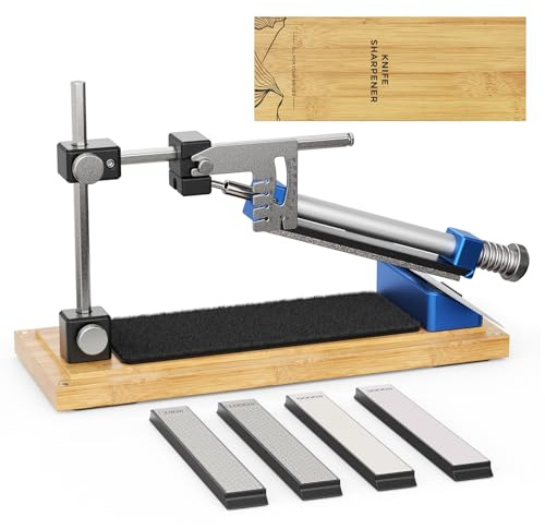 Jradse Manuelles Messerschärfer-Set mit Winkelführung – Professionelles Set mit 4 Schleifsteinen für alle Küchen- und Outdoormesser, Rutschfester Holzsockel (SJ5424M)