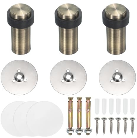 PATIKIL 3Set Round Door Stoppers, 80mm Stainless Steel Door Stop Doorstop Wedge Metal Cylinder Self Adhesive with Screw for Bottom of Door Floor Inside, Bronze