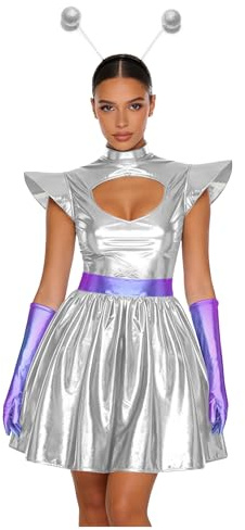 Freebily Vestido De Cosplay De Astronauta Alienígena Para Mujer Vestido Metalizado Con Guantes Y Diadema Disfraz Para Halloween O Fiestas Temáticas Plateado L