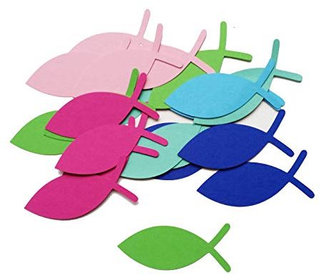 Geschenkanhänger Fisch – 50 Stück Papieranhänger in Fischform – verschiedene Farben & Größen – ideal für Taufe, Kommunion, Konfirmation, Gastgeschenke