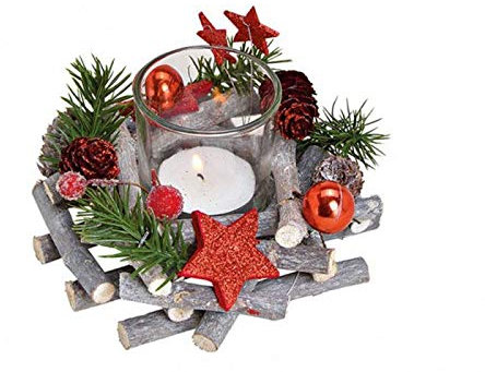 itsisa Festliches Adventsgesteck D: 13 cm mit Zweigen & roten Sternen inkl. Teelichtglas, Adventsdeko (Adventskranz), weihnachtliche Tischdeko