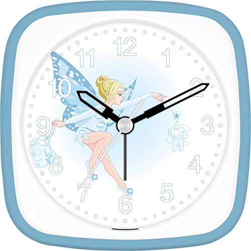 Eurotime Wecker für Mädchen mit Zahnfee Fee, Hellblau Blau Weiß, Kinderwecker, Kunststoffgehäuse und Kunststoffglas, geräuscharmer Wecker, kein Ticken, mit Licht und Weckwiederholung, 27029-08
