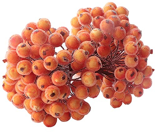 KKSTY 200 Pcs/100 Wired Berries Stems Artificial Frosted Berries Christmas Holly Berries Mini Fruits for Xmas Tree Decoration Wreath Garland Making Supplies… (Orange)