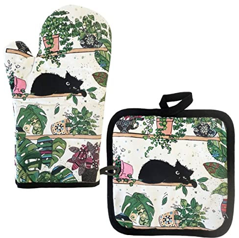 Set Gant et manique pour la Cuisine - Motif Chat avec des Plantes