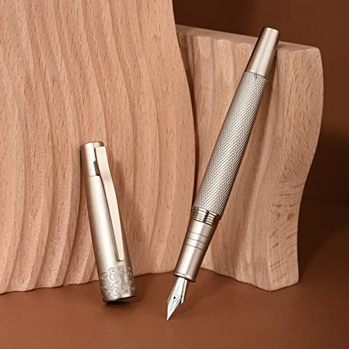 Hongdian 6013 Silver General Fountain Pen, Iridium Gold-silver Extra Fine Nib Solid Metal Writing Pen with Metal Case
