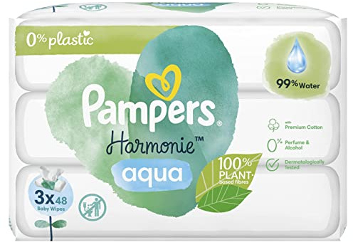Pampers Harmonie Aqua Baby Wipes Plastic Free 18 Packs of 48 Wipes, 864 Baby Wet Wipes, Help Restore Natural Skin pH, Delicate Lotion with 99 Percent Water