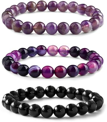 Adramata 3Pcs Bracelet Pierre Naturelle Femme en Pierre Naturelle de 8MM Perle Bracelet Anti Stress Élastique Empilable Pour Femmes Et Hommes - Améthyste/Améthyste à Nandes/Obsidienne Noire