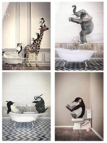 LPFNSF Badezimmer Bilder Bad Tier Giraffe Elefant in der Badewanne Bild Lustige Wandkunst Drucke Leinwand Poster des Badezimmers Ohne Rahmen.(Style 2,30x40cm*4)