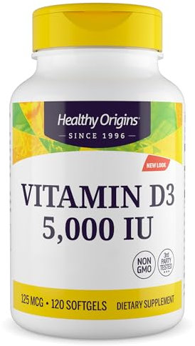 Healthy Origins High Strength Vitamin D3 5,000 UI Softgel Capsules - Immune Support, Optimal Absorption - Year-Round Wellness for Bone Health and Vitality