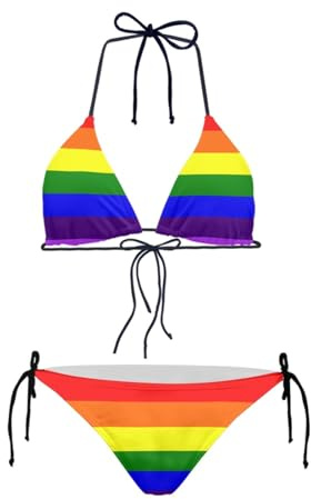 JEOCODY Conjunto de Bikini Halter de Cintura Alta para Mujer, Conjunto de Bikini de Dos Piezas, Conjunto de Bikini Triangular, Bandera arcoíris LGBT del Orgullo Gay, Small