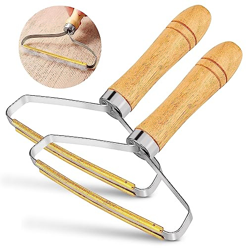 Pexo Lint Remover, 2 Pack Double Carpet Scraper Lint Roller Fabric Shaver Manual Brush Tool Lint Cleaner Wooden Handle Reusable Portable For Pet Hair, Clothes, Fabric, Fuzz, Furniture, Dog & Cat Hair