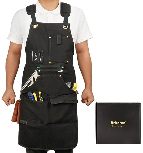 BRITEREE Holzbearbeitungsschürze, Geschenke für Männer, Arbeitsschürzen aus Segeltuch mit 9 Werkzeugtaschen, Schürze für Holzarbeiter, Schwarz