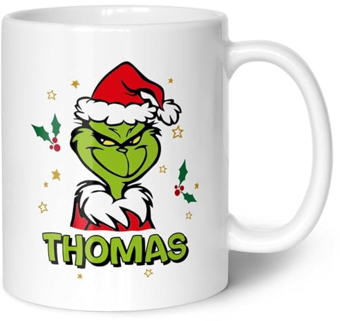 GRAVURZEILE Bedruckte Tasse - Grinch Motiv - Personalisiert mit Namen - Spülmaschinenfest & Mikrowelle geeignet - Weihnachtstasse als Geschenk für Sie & Ihn zu Weihnachten - Farbe: Weiß