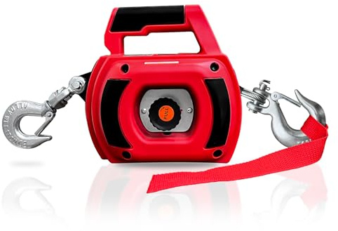 FITHOIST 750LBS Portable Drill Powered Winch w/40FT Alloy Steel Cable(Red) | Powered by 5/16 Standard Drill, 2-Speed Clutch, Low Noise Design, Hand Winch w/Visible Window & Anchor Hook for Lift Trailer