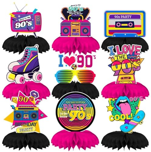 INRUI 9 Stück 90er Jahre Party Wabe Mittelstücke zurück zu 90er Jahre Thematische Geburtstag Party Dekorationen Retro 1990er Hip Hop Party Tischaufsätze Zubehör